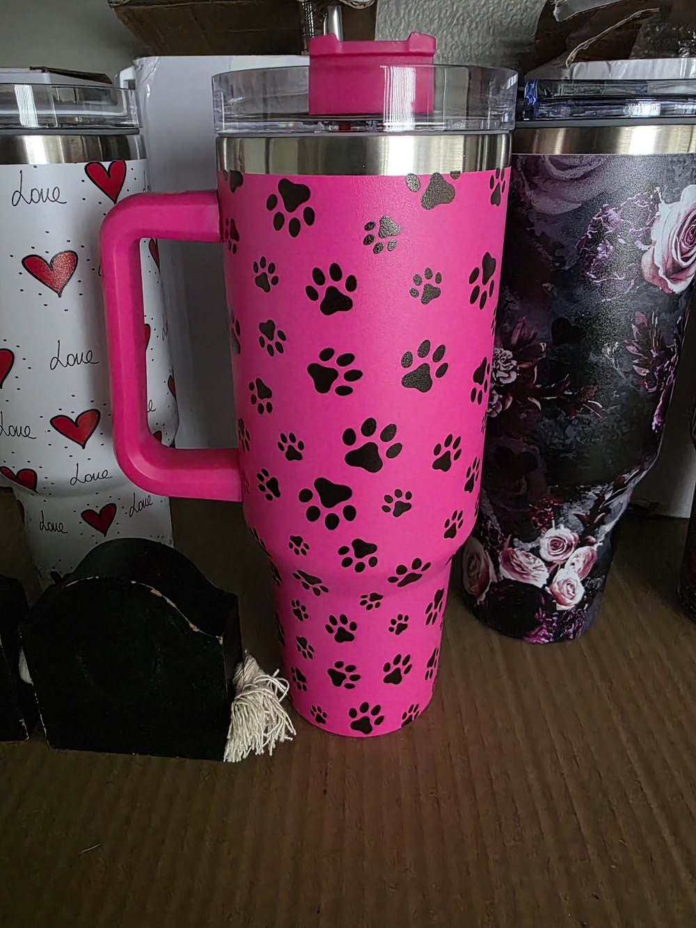 Pink Paw Print Insulated Travel Tumbler with Handle
